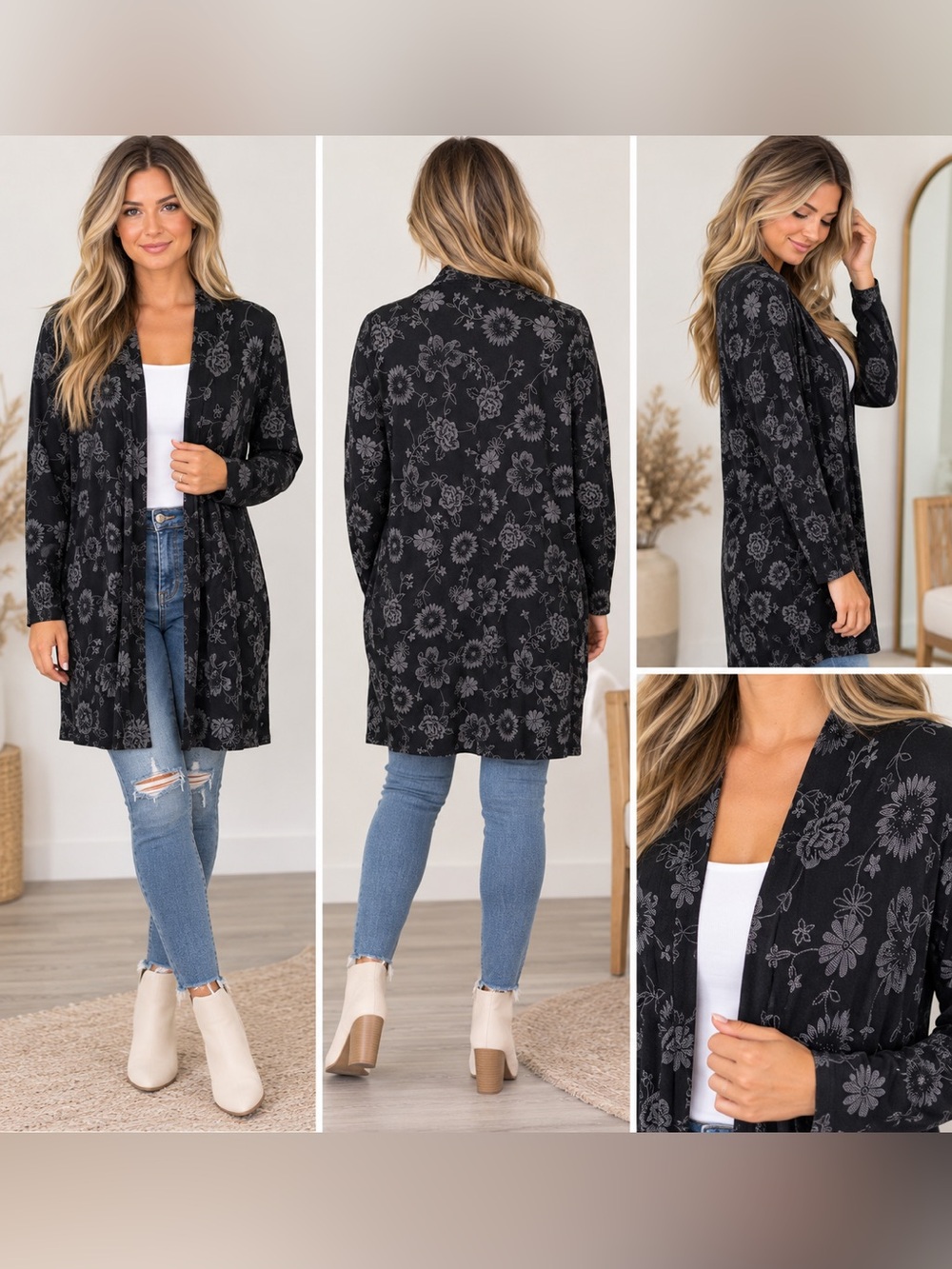 Lands’ End Women's Black Floral Print Open Front Cardigan size large